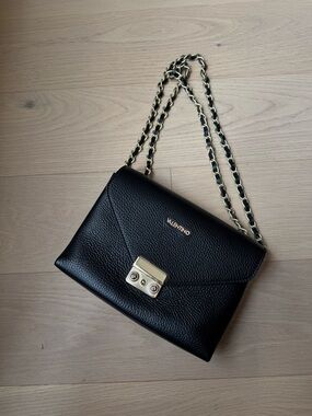 Valentino Isabelle Black Leather Crossbody with Gold Chain